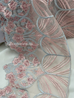 Кружево голубое с розовыми цветами и узорами 140-185 мм