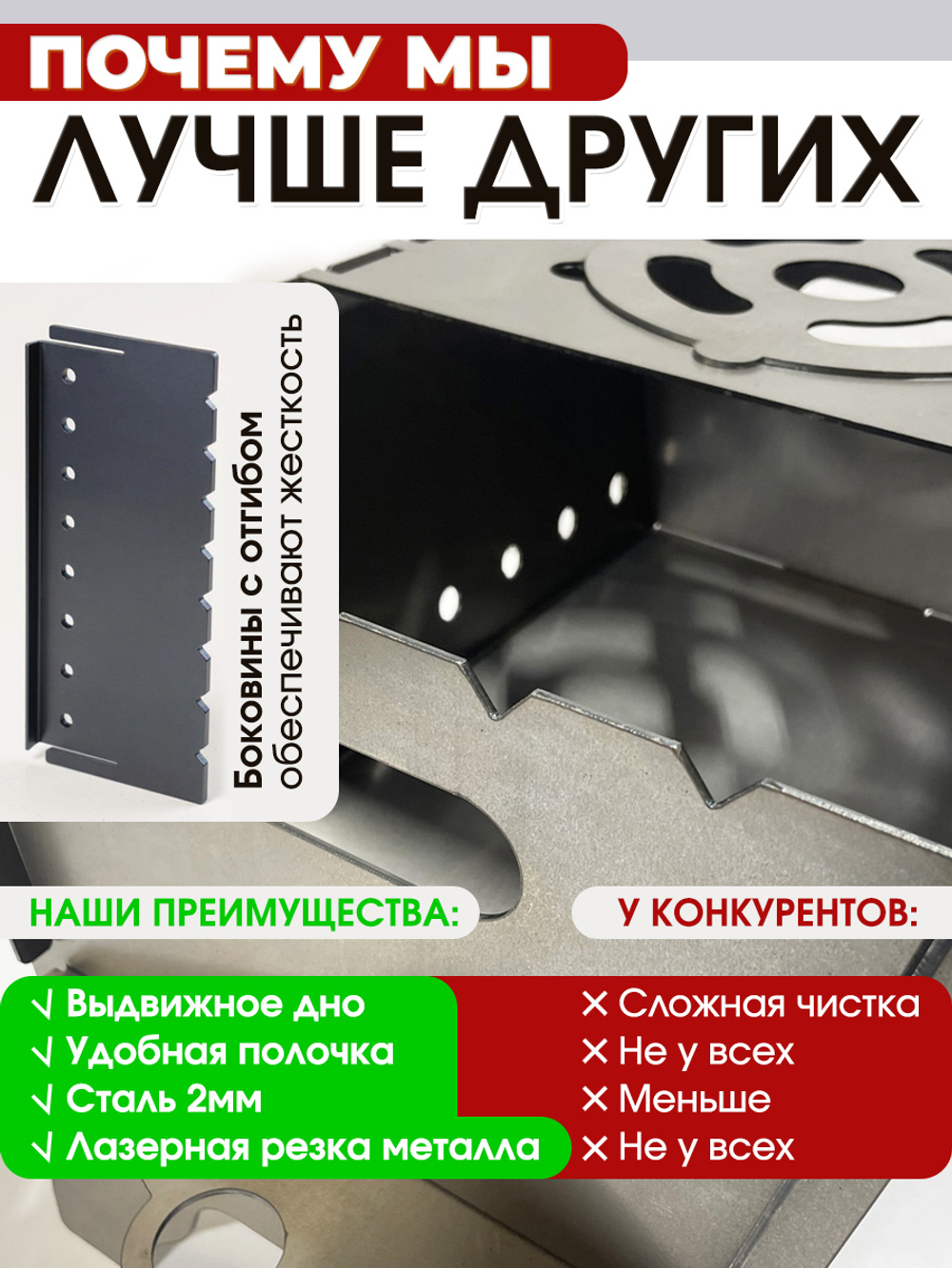Мангал разборный с полочкой и выдвижным дном, толщина 2мм