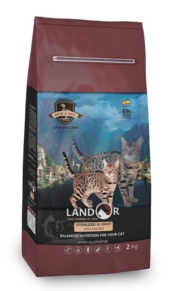 LANDOR 400г полнорационный сухой корм для кошек с избыточным весом и стерилизованных Утка с рисом