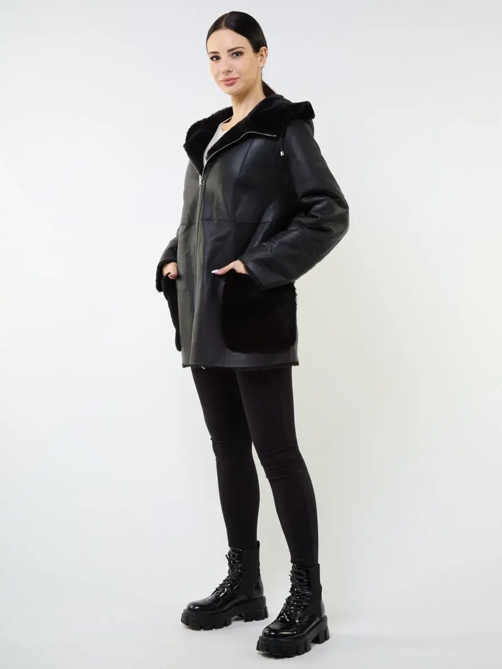 Дубленка зимняя двухсторонняя шуба с капюшоном