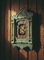 Резные мятные часы-наличник WOODandROOT на деревянной стене, солнечный свет подчёркивает глубину орнамента и северный характер модели.