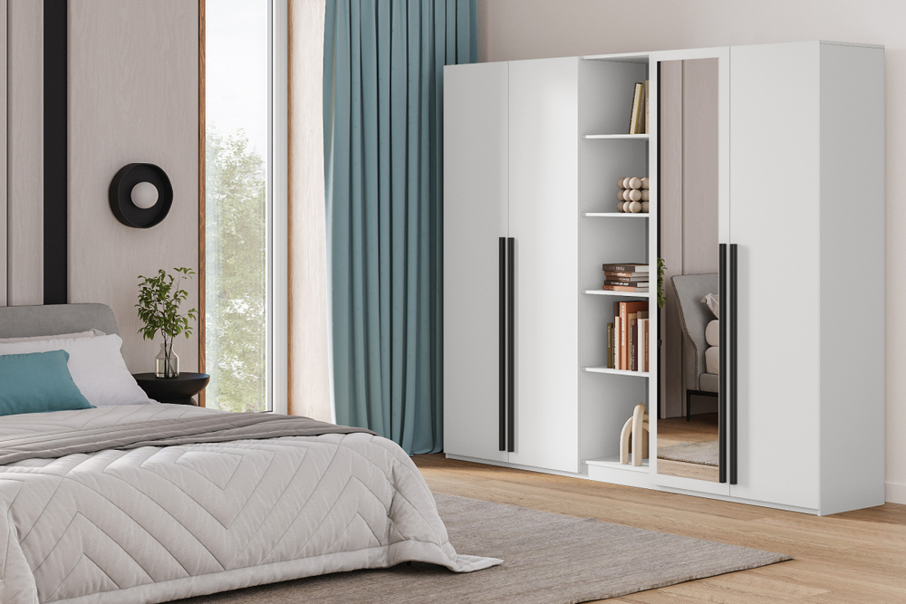 Распашной четырехсекционный шкаф Лорена Пакс-2.2 со стеллажом Белый Фасадный 0101 200*50*210 см, Белый   Фиеста