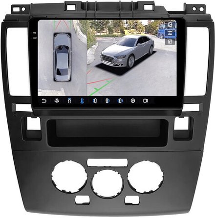 Магнитола для Nissan Tiida C11 2004-2013 (климат с круглым экранчиком, рамка черная) - FarCar BX9-360-1148CLB монитор 9.5" 2K QLED на Android 13, 6Гб+128Гб, CarPlay, 4G SIM-слот, 4 камеры в комплекте