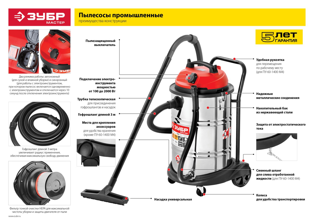 ЗУБР М4, 60 л, 1400 Вт, строительный пылесос (ПУ-60-1400 М4)