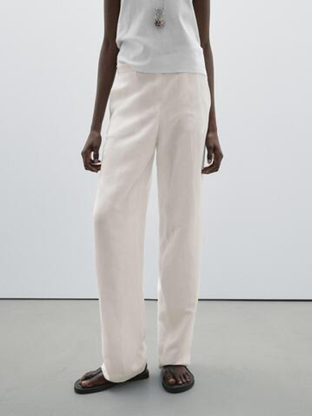 Massimo Dutti Брюки прямого кроя из струящейся льняной ткани, кремовый