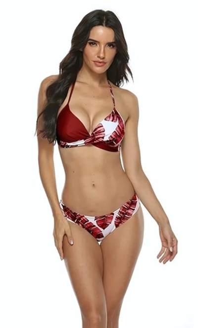 Женский красно-белый раздельный купальник с растительным принтом (Размер: S) (Цвет: красный с белым)