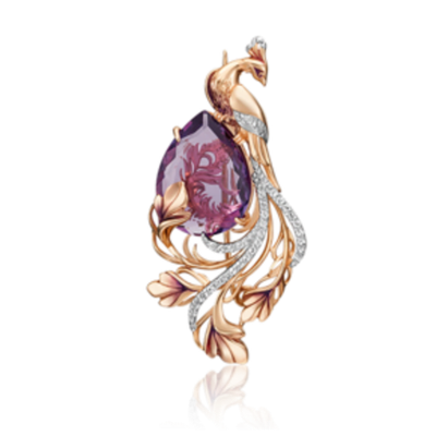 Брошь «Жар-птица» из красного золота c аметистом, натуральными топазами white и эмалью Артикул: 04-0234-00-225-1110-46