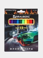 Фломастеры BRAUBERG "InstaRacing", 12 цветов, вентилируемый колпачок, карт. упаковка, выборочный лак, увел. срок службы, 150548