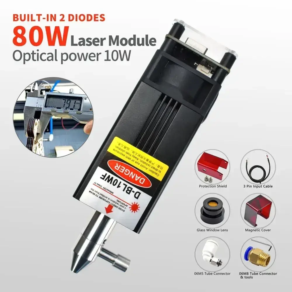 Лазерный модуль 80 Вт, фактическая мощность 10Вт, с воздушной насадкой, подходит для гравировального станка с ЧПУ, 3D-принтера, деревообрабатывающих инструментов DIY, HUAHENGCHI D-BL10WF