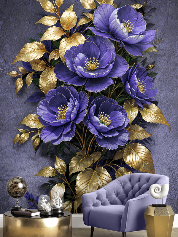Темные фотообои фиолетовые 3D Цветы и золотые листья