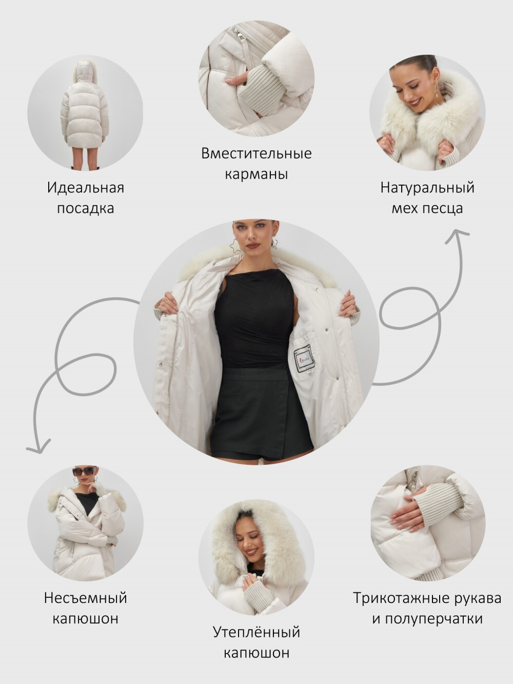 Куртка зимняя женская с мехом и капюшоном тренд бежевого цвета 7737B
