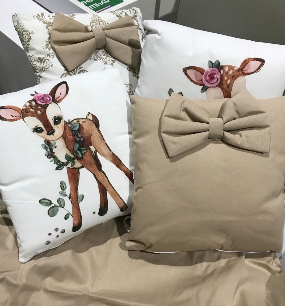 Комплект в кроватку 17 предметов &quot;Оленята с цветами&quot; бежевый, сатин