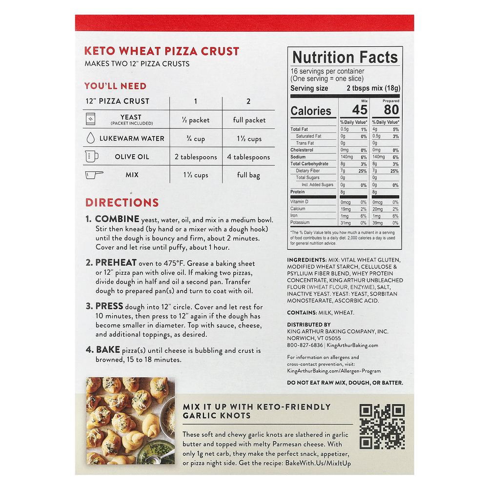 King Arthur Baking Company, Keto Wheat Pizza, смесь с корочкой, 291 г (10,25 унции)