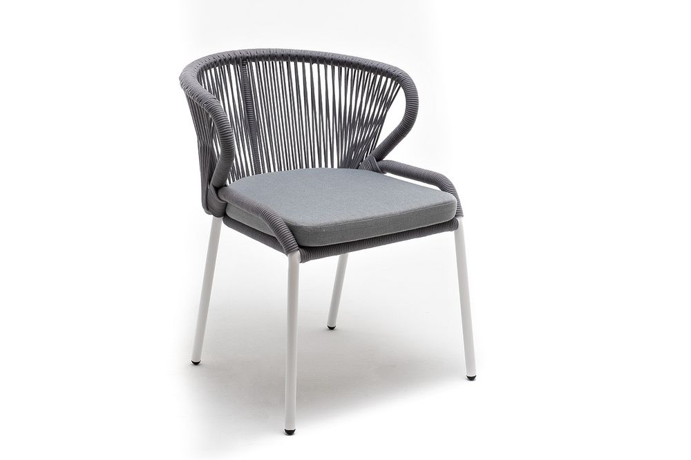 "Милан" стул плетеный из роупа, каркас алюминий белый шагрень, роуп светло-серый круглый, ткань светло-серая