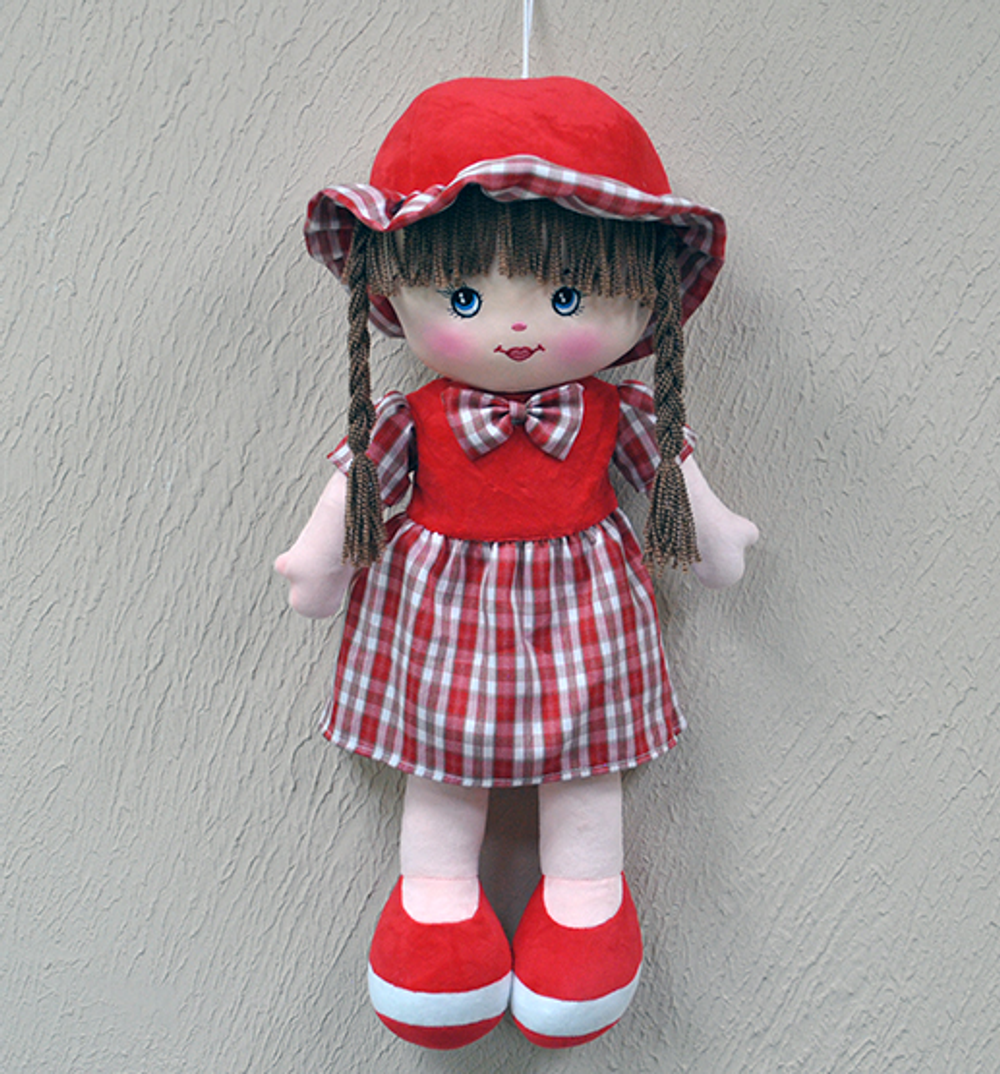 Кукла в платье с клечатой юбкой и клечатым бантом № 1 26x62x18см. (Hand)