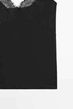 Massimo Dutti Топ на бретелях с кружевной отделкой, черный