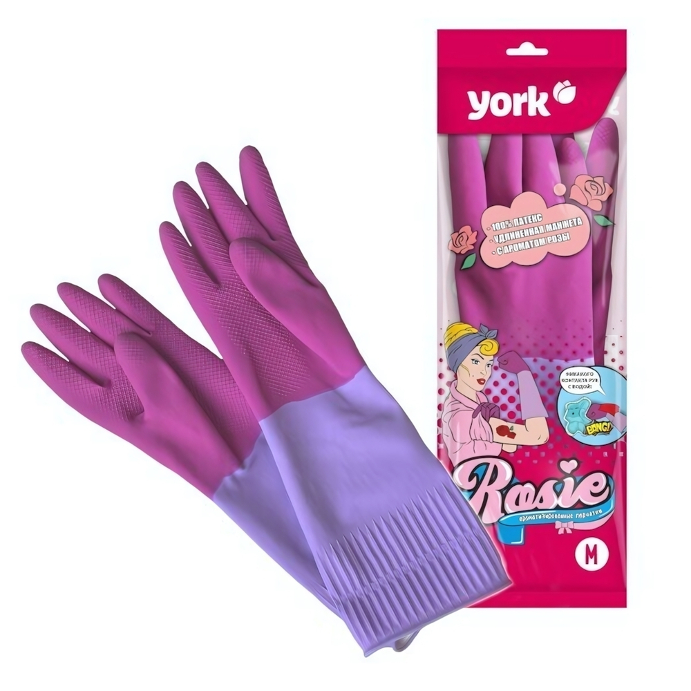 Перчатки резиновые с удлинённой манжетой 38см (M) ароматизированные Роза YORK