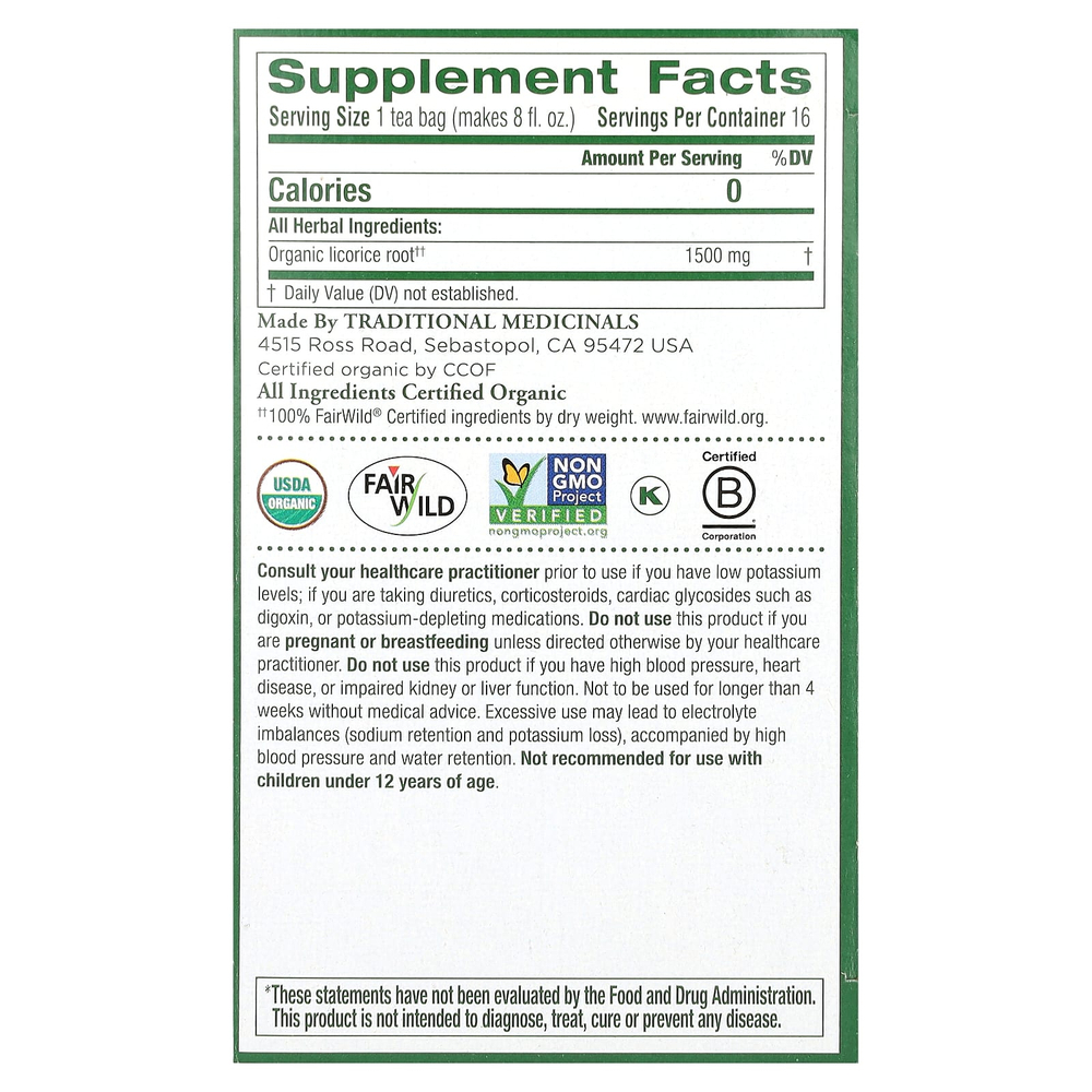 Traditional Medicinals, корень органической солодки, без кофеина, 16 чайных пакетиков, 24 г (0,85 унции)