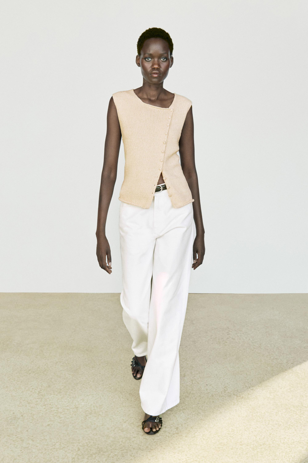 Massimo Dutti Трикотажный топ из смесовой хлопковой ткани с пуговицами, натуральный/кремовый