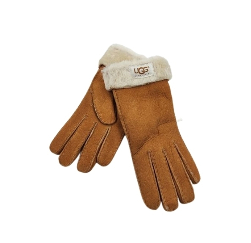 Женские Меховые Перчатки Ugg Рыжие Замшевые (02)