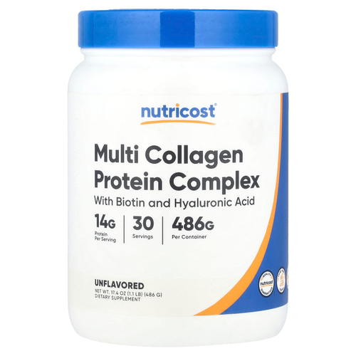 Nutricost, Мультиколлагеновый протеиновый комплекс, без добавок, 486 г (1,1 фунта)