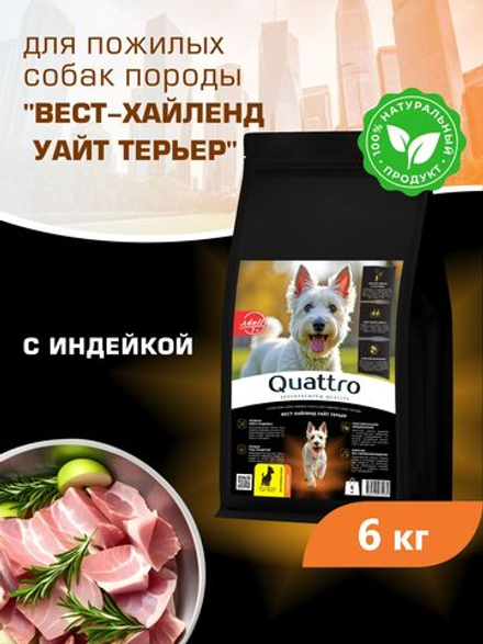 Корм сухой для пожилых собак породы Вест-хайленд уайт терьер старше 7 лет, с индейкой, 6 кг, QUATTRO