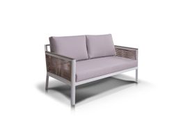 "Сан Ремо" диван 2-местный плетеный из роупа, каркас алюминий белый, роуп бежевый, ткань бежевая