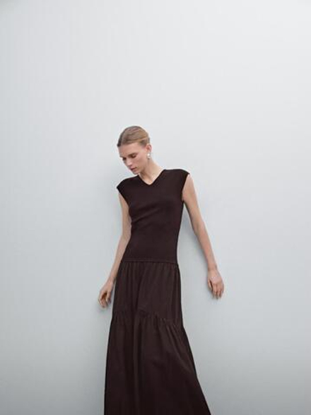 Massimo Dutti Расклешенное платье из смесового хлопка, гранатовый