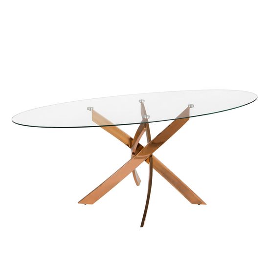 Овальный обеденный стол 1169-Ø200x95 из закаленного стекла и розовой стали