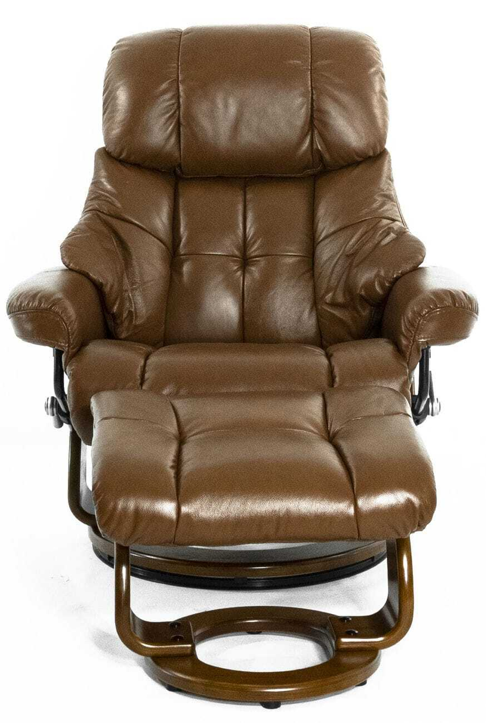 Кресло реклайнер с пуфом для ног Relax Lux 7438W, натуральная кожа коричневая (034), основание дерево темный орех (029)