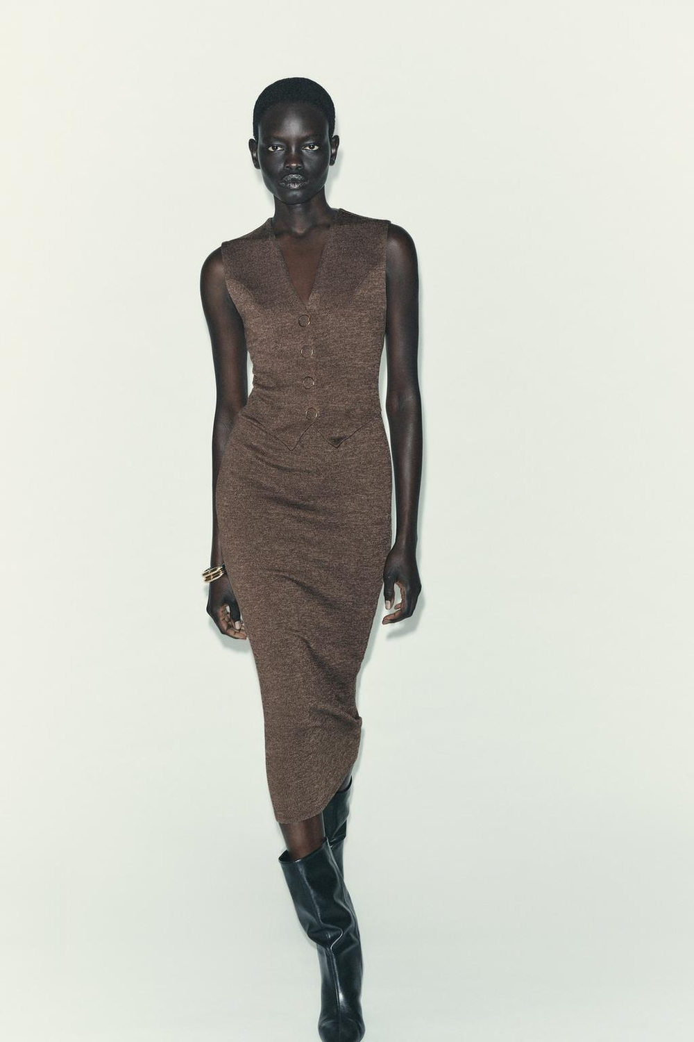 ZARA ПЛАТЬЕ МИДИ С ПУГОВИЦАМИ, КОРИЧНЕВЫЙ МЕЛАНЖ