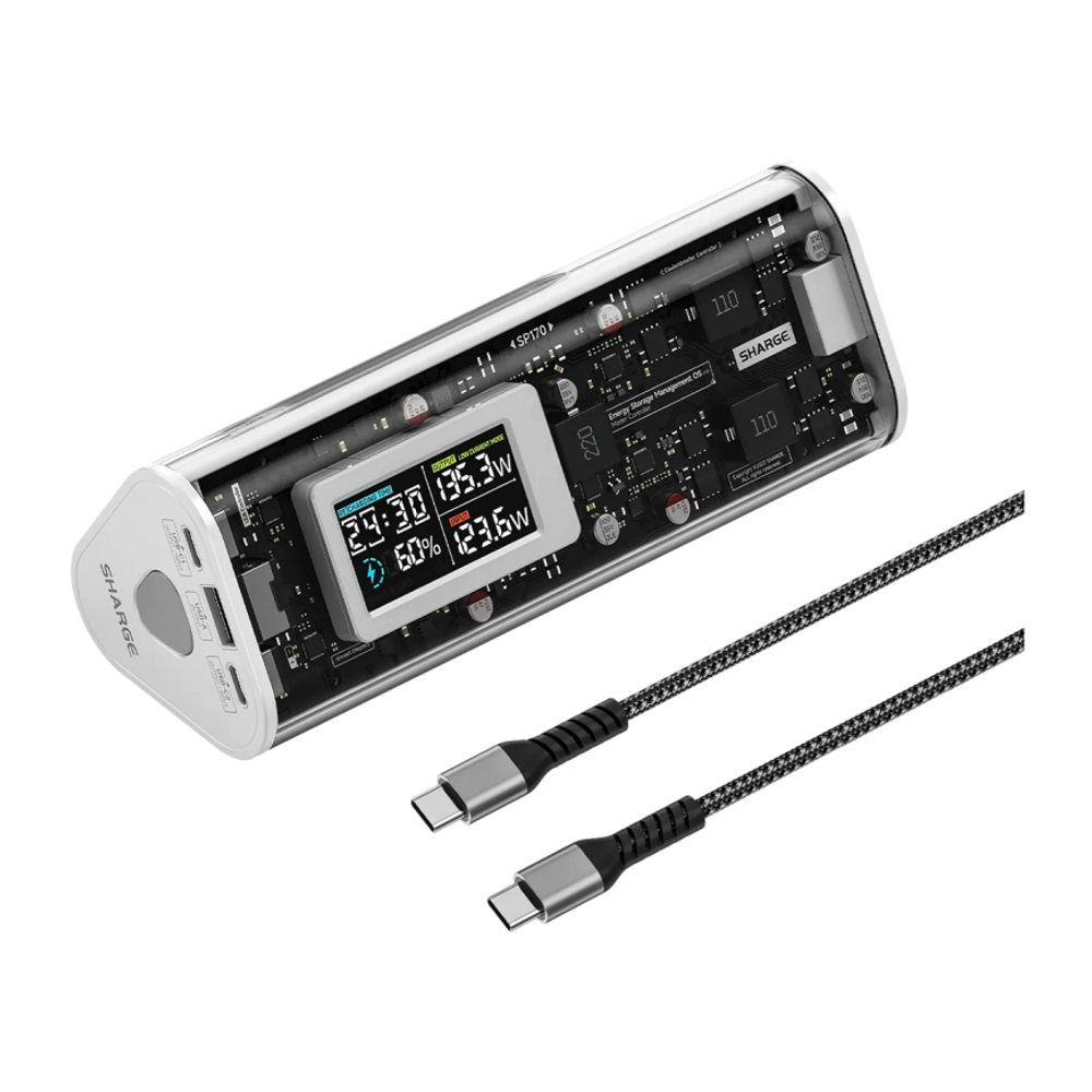 Внешний аккумулятор SHARGE Shargeek 170 (24000 мА·ч) Проводная зарядка: 2 USB-C, USB-A. Беспроводная зарядка: нет. Есть дисплей, поддержка PD 3.1, QC 4, AFC, SCP и FCP. Энергоёмкость — 86,4 Вт·ч. Максимальная выходная мощность — 140 Вт