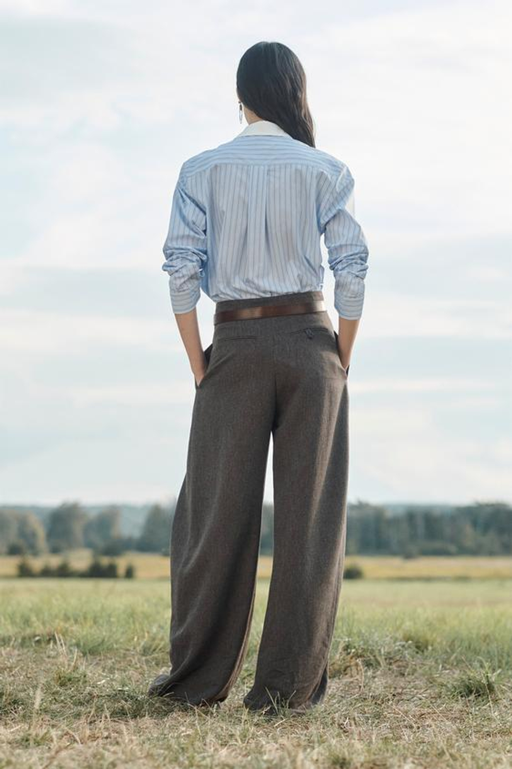 ZARA ШИРОКИЕ БРЮКИ СО СКЛАДКАМИ ИЗ ШЕРСТИЮ, ТЕМНО-КОРИЧНЕВЫЙ