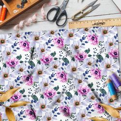 Ткань бифлекс поляна из белых и розовых цветов