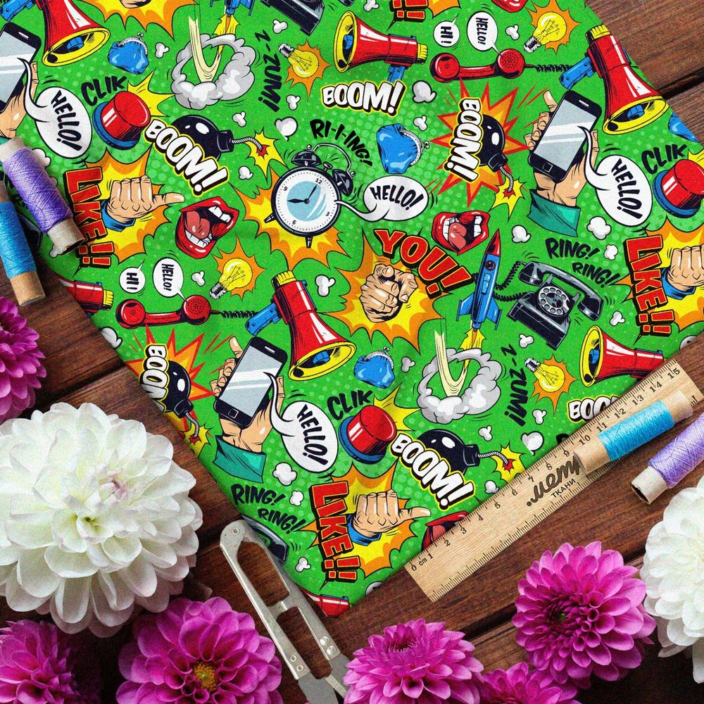 Ткань дюспо громкие предметы из комиксов на зелёном фоне