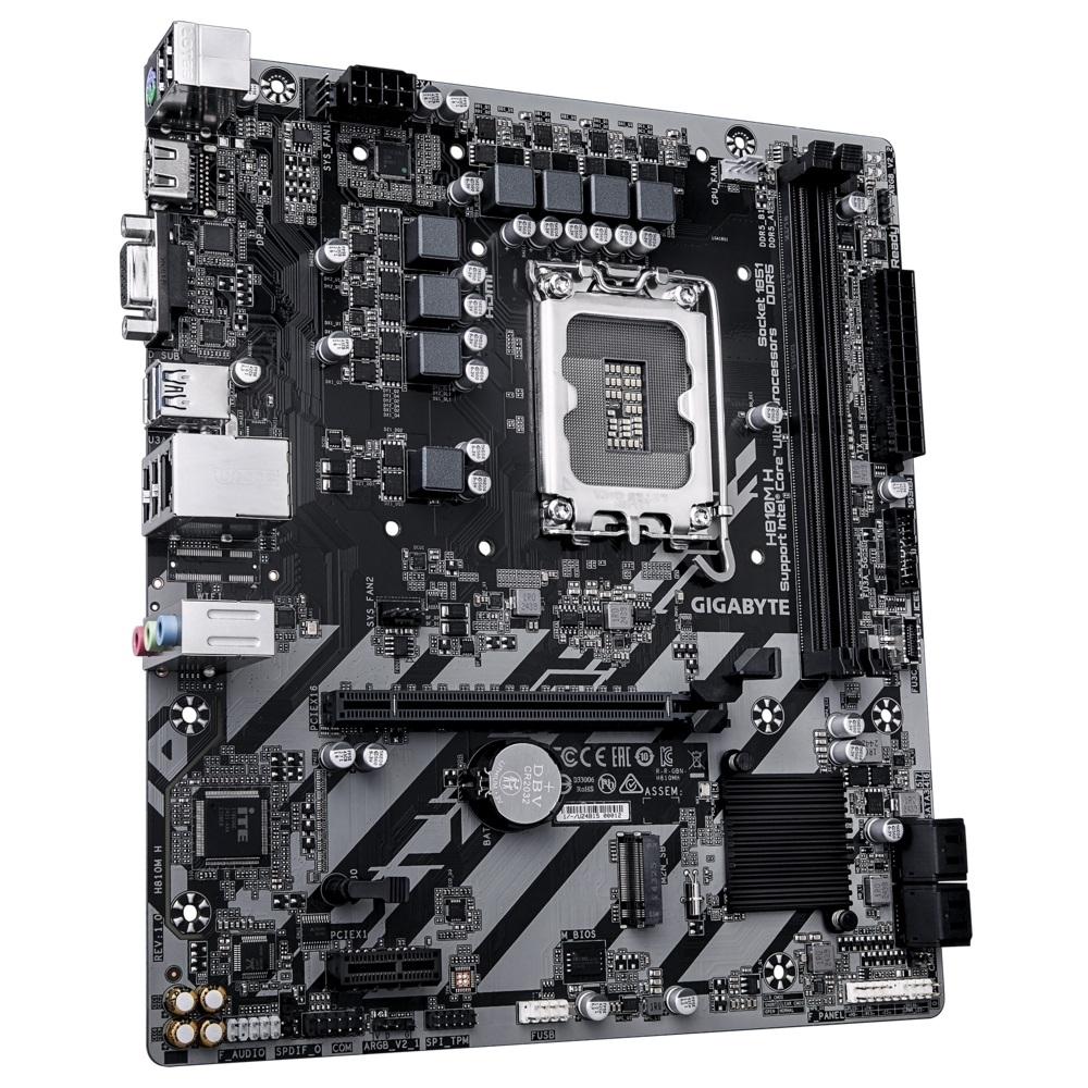 Материнская плата Gigabyte H810M H (Socket 1851, IntelH810, 2xDDR5-6400, D-SUB+HDMI, 1xPCI-Ex16, 1xPCI-Ex1, 4xSATA3(RAID 0 / 1 / 5 / 10), 1xM.2, 8Ch Audio, GLan, (5+2)xUSB2.0, (1+2)xUSB3.2, (0+1)xUSB Type-C, mATX)