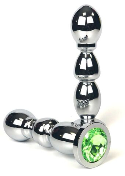 Серебристая закругленная анальная пробка-ёлочка с лаймовым кристаллом - 13 см. (Цвет: лаймовый)