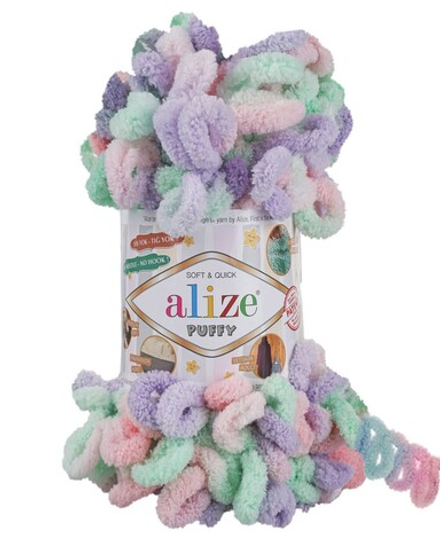 Пуффи колор (Puffy color) пряжа Alize 100%микрополиэстер 5х100г/9 м (5938 сиреневый-розовый-мята)