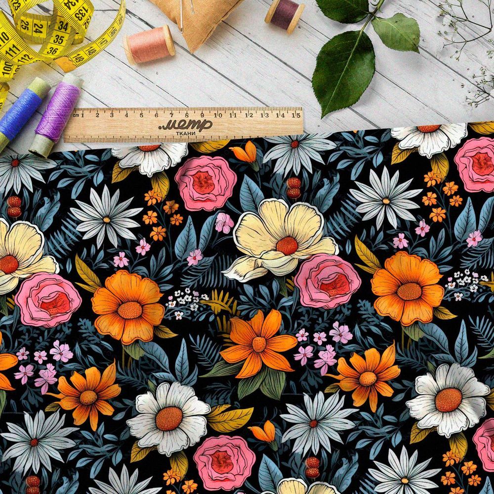 Ткань премиум шифон полевое разноцветие на черном