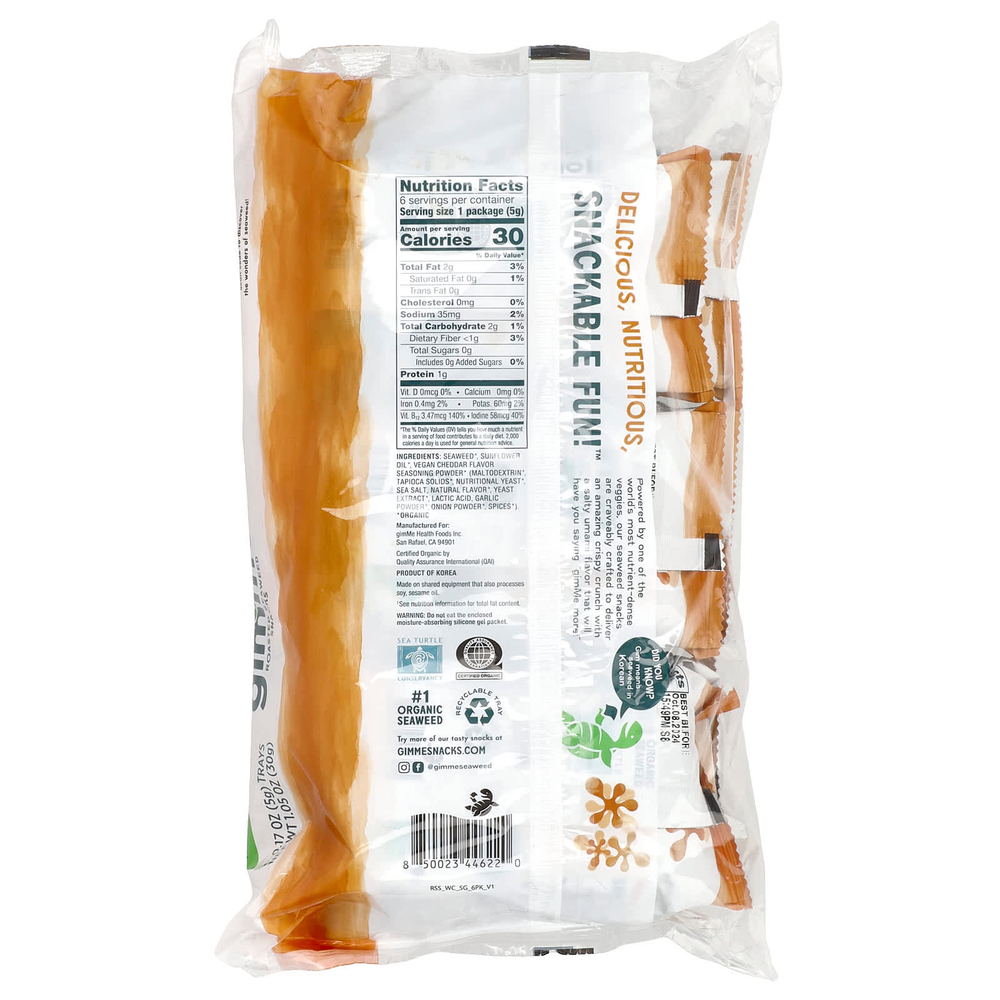gimMe, Снеки из жареных морских водорослей, белый чеддер, 6 пакетиков по 5 г (0,17 унции)