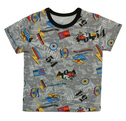 Футболка для мальчика 411/100 машины, значки на сером