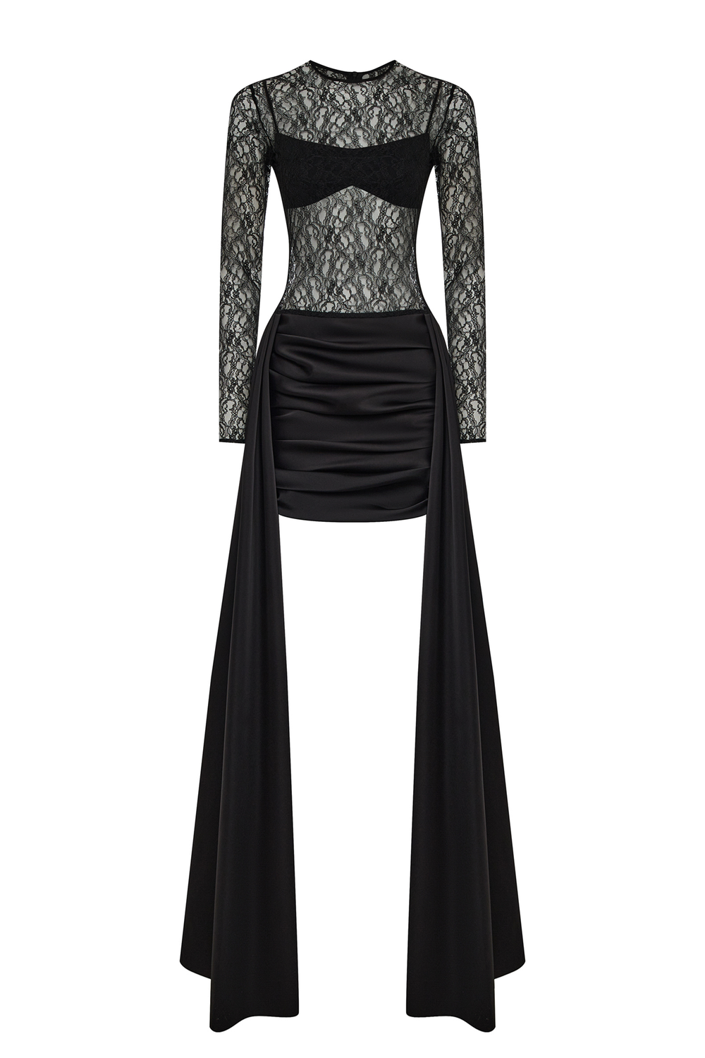 Платье мини из атласа и кружева со шлейфом с закрытым лифом