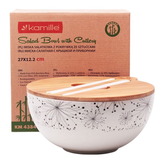 Миска для салата из бамбукового волокна Kamille КМ 4384 с бамбуковой крышкой и приборами