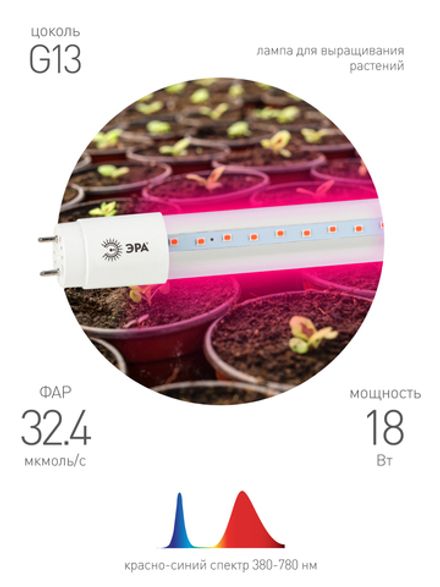 Фитолампа для растений светодиодная ЭРА FITO-18W-RB-Т8-G13-NL красно-синего спектра 18 Вт