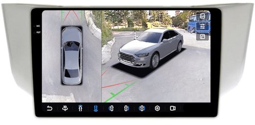 Магнитола для Toyota Harrier XU30 2003-2013, Lexus RX 2003-2009 (монохром, рамка вниз) - FarCar BX3221M-360 монитор 9.5" 2K QLED на Android 13, 6Гб+128Гб, CarPlay, 4G SIM-слот, 4 камеры в комплекте