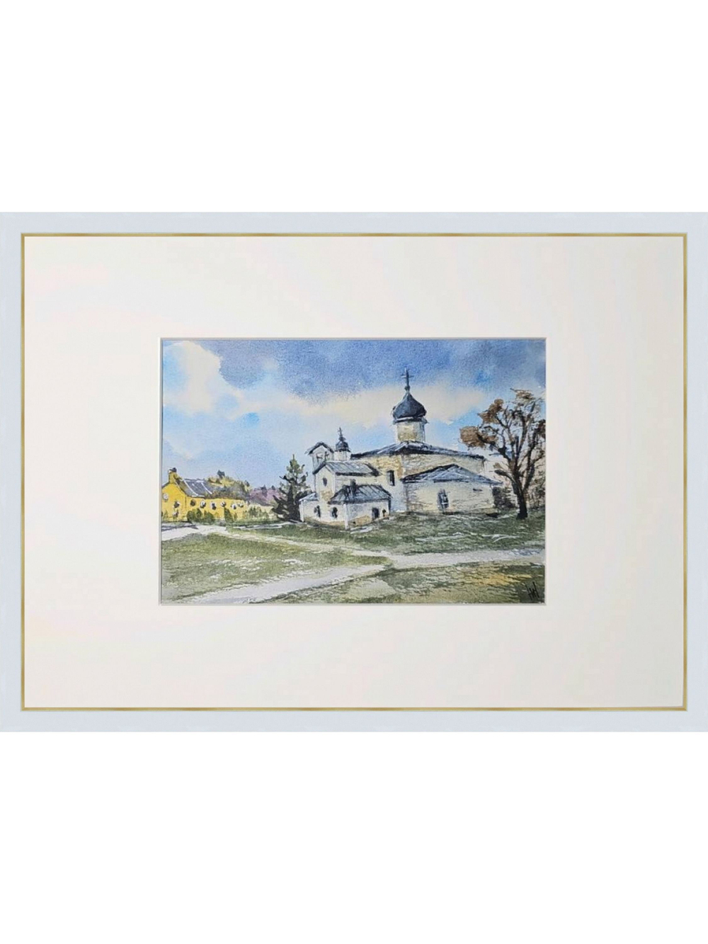 Картина авторская акварельная в паспарту 21х30 см на стену для интерьера "Церковь Нерукотворенного образа на Запсковье"