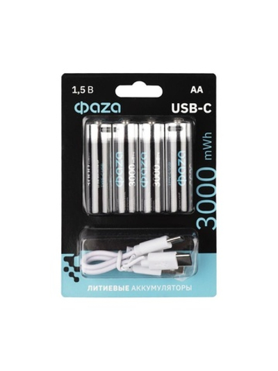 Аккумулятор литиевый AA 1.5В Li-Ion 3000мВт.ч 2000мА.ч зарядка от Type-C шнур в комплекте BL-4 (уп.4шт) ФАZА 5061606