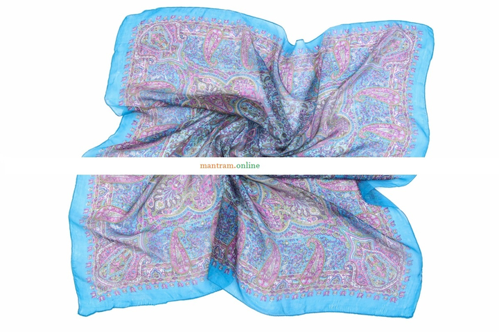 Платок материал Шелк 100% Плотный узор цвет розовый фиолетовый кремовый зеленый на голубом с голубой каймой 100x100см.