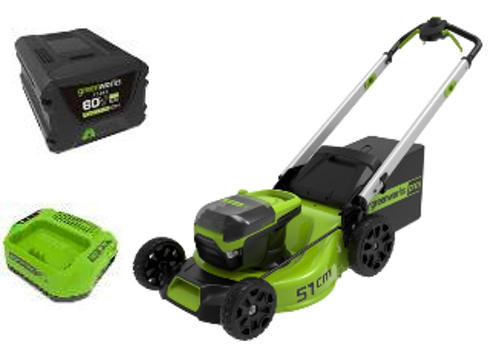 Газонокосилка аккумуляторная Greenworks Арт. 2514307UB, 60V, 51 см, самоходная, бесщеточная, c 1хАКБ 4Ач и ЗУ