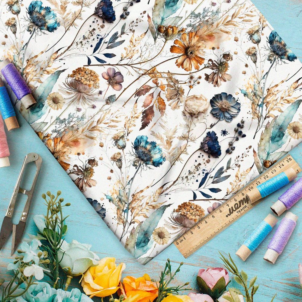 Ткань мембрана сухоцветы васильки и герберы